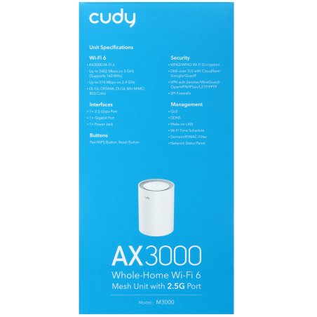 Бесшовный Mesh роутер Cudy M3000(1-PACK) AX3000 10/100/1000/2500BASE-T, белый