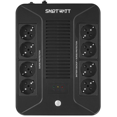 Источник бесперебойного питания SMARTWATT UPS SAFE PRO 800, 800/480 ВА/Вт, напольный/настенный, линейно-интерактивный, LED индикация, Shuko CEE7/4 - 8 шт. (4 шт. с резервным питанием, 4 шт. - сетевой фильтр)