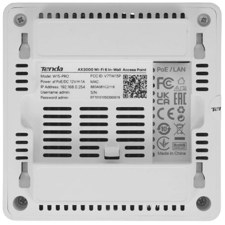 Настенная гигабитная точка доступа Tenda W15-Pro AX3000, 2,4/5 ГГц, до 2976 Мбит/с, PoE, 1x1 Gbит/с+1x1 Gbит/с(PoE)