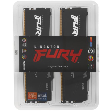 Оперативная память Kingston Fury Beast, DDR5, 32Gb (2x16Gb), 6000MHz, CL36, DIMM, с радиаторами, RGB, черный