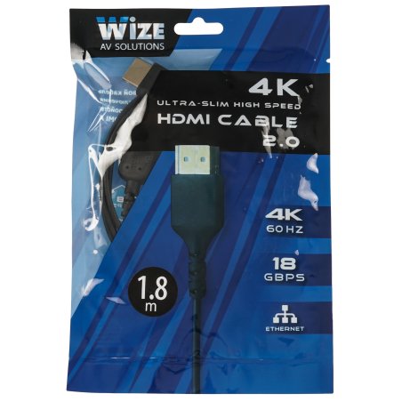 Кабель HDMI Wize WAVC-HDMIUS-1.8M 1.8 м, v.2.0, 19M/19M, 4K/60 Hz 4:4:4, 36 AWG, HDCP 2.2,ультратонкий, позол.разъемы, черный, пакет