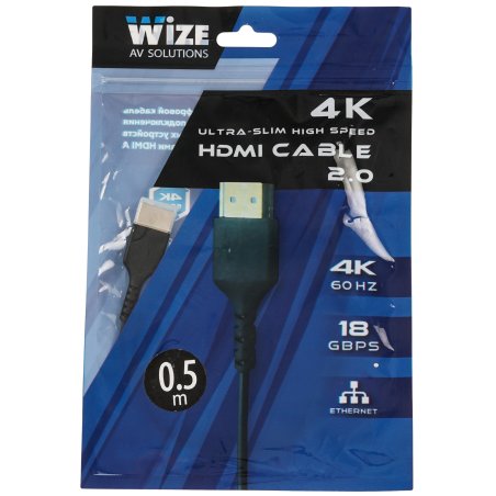 Кабель HDMI Wize WAVC-HDMIUS-0.5M 0.5 м, v.2.0, 19M/19M, 4K/60 Hz 4:4:4, 36 AWG, HDCP 2.2,ультратонкий, позол.разъемы, черный, пакет