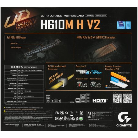 Материнская плата Gigabyte H610M H V3 DDR4, LGA 1700, Intel H610, 2xDDR4, 4xSATA, 1xM.2, 1xPCIe 4.0 x16, 1xPCIe x1, 1xHDMI, 1x 1Gb LAN, 2xUSB-A 3.2 Gen 1, 4xUSB-A 2.0, 3x 3.5 мм, 7.1, mATX