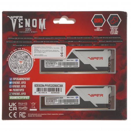 Оперативная память Patriot Viper Venom, DDR5, 32GB (2x16GB), 5600MHz, CL36, DIMM, с радиатором, черный