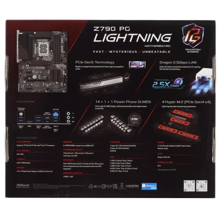 Материнская плата ASRock Z790 PG Lightning, LGA 1700, Intel Z790, 4xDDR5, 4xSATA, 4xM.2, 1xPCI-E 5.0 x16, 1xPCI-E 4.0 x16, 3xPCI-E x1, 1xHDMI, 1x 2.5Gb LAN, 5xUSB-A 3.2 Gen 1, 1xUSB-A 3.2 Gen 2, 1xUSB-A 2.0, 1xUSB-C 3.2 Gen 2x2, 3x3.5 мм, 7.1, ATX