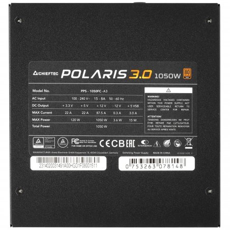Блок питания Chieftec Polaris 3.0 PPS-1050FC-A3, 1050Вт, 80 PLUS Gold, 135мм, модульный, черный