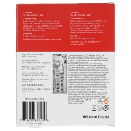 Накопитель SSD WD Red SN700 WDS500G1R0C, 500Gb, PCIe 3.0 x4, M.2 2280, NVMe, R/W 3430/2600