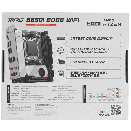 Материнская плата MSI MPG B650I EDGE WIFI, AM5, AMD B650, 2xDDR5, 4xSATA, 2xM.2, 1xPCI-E 4.0 x16, 1xHDMI, 1x 2.5Gb LAN, 3xUSB-A 3.2 Gen 2, 2xUSB-A 3.2 Gen 1, 1xUSB-C 3.2 Gen 2x2, 3x3.5 мм, 7.1, Mini-ITX
