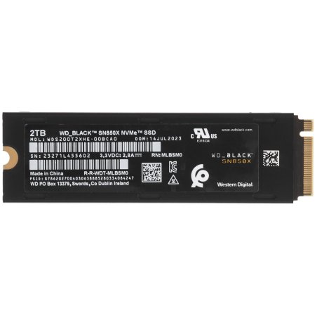 Накопитель SSD WD 2Tb Black SN850X, M.2(22x80мм), NVMe, PCIe 4.0 x4, 3D TLC, R/W 7300/6600Mb/s, IOPs 1 200 000/1 100 000, TbW 1200, DWPD 0.3, with Heat Spreader (12 мес.)
