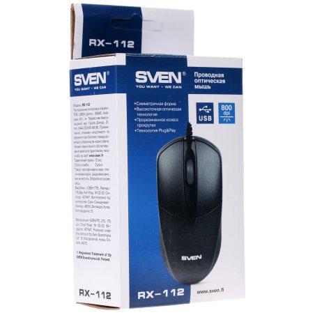 Мышь проводная SVEN RX-112 черный, 800 dpi, USB, кнопки - 3