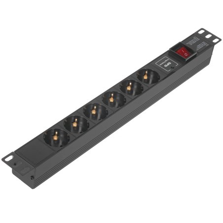 Блок розеток горизонтальный ExeGate ServerPro PDU-19H607 Al-6S-C14-SW-SPD1, 19", 1U, Алюминий, 6 Schuko, С14, выкл. с подсветкой, SPD1, черный