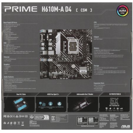 Материнская плата ASUS PRIME H610M-A D4-CSM, LGA 1700, Intel H610, 2xDDR4, 4xSATA, 2xM.2, 1xPCIe 4.0 x16, 1xPCIe x1, 1xDP, 1xD-Sub, 1xHDMI, 1x 1Gb LAN, 4xUSB-A 2.0, 2xUSB-A 3.2 Gen 1, 7.1, mATX