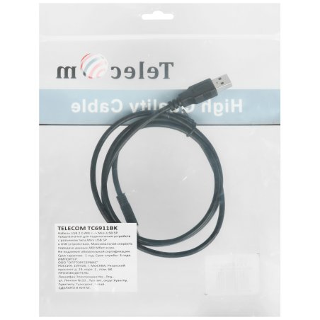 Кабель USB 2.0 A-->mini-B 5P (1м) черный TELECOM/VCOM <TC6911BK-1.0M>