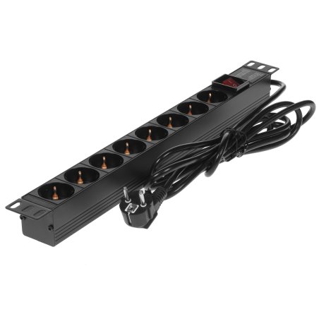 Блок розеток горизонтальный ExeGate ServerPro PDU-19H805 Al-8S-EU3-SW, 19", 1U, Алюминий, 8 Schuko, кабель с евровилкой VDE-250V-16A-3*1.5мм2, 3 метра, выкл. с подсветкой, черный