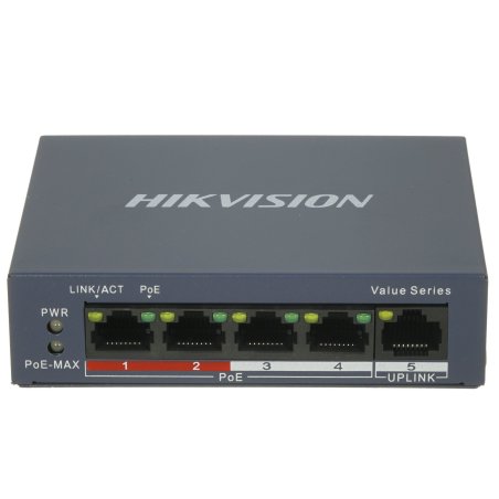 Коммутатор Hikvision DS-3E0105P-E(B) 4 RJ45 100M PoE с грозозащитой 6кВ, 2 порт с высоким приоритетом; 1 Uplink порт 100М Ethernet; бюджет PoE 60Вт; поддержка режима передачи до 250м,10Мб/с, CAT5e; таблица MAC а