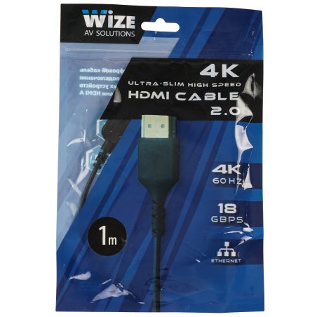 Кабель HDMI Wize WAVC-HDMIUS-1M 1 м, v.2.0, 19M/19M, 4K/60 Hz 4:4:4, 36 AWG, HDCP 2.2,ультратонкий, позол.разъемы, черный, пакет