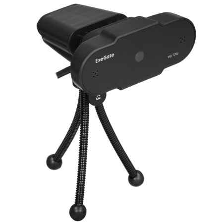 Веб-камера ExeGate EX287386RUS BlackView C525 HD Tripod (матрица 1/3" 1,3 Мп, 1280х720, 720P, 30fps, 4-линзовый объектив, шторка, USB, фиксированный фокус, микрофон с шумоподавлением, универсальное крепление, штатив Flex в комплекте, кабель 1,5 м, Win Vis