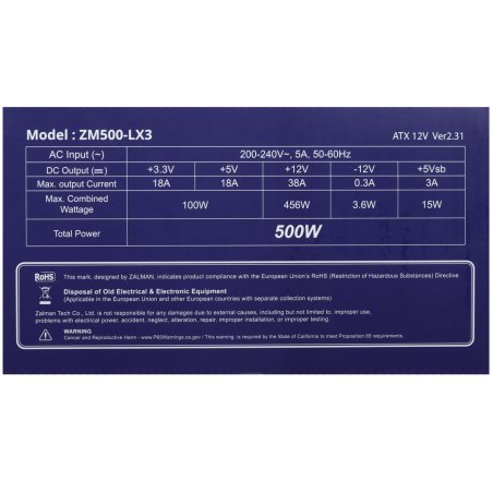 Блок питания Zalman ZM500-LX3, 500Вт, 80 PLUS, 120мм, черный