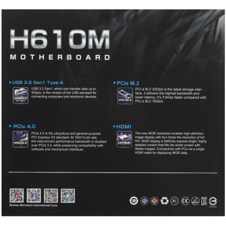 Материнская плата Biostar H610MS, LGA 1700, Intel H610, 2xDDR4, 4xSATA, 1xM.2, 1xPCIe 4.0 x16, 1xPCIe x1, 1xHDMI, 1xDP, 1x 1Gb LAN, 1xUSB-A 3.2 Gen 1, 4xUSB-A 2.0, 3x3.5 мм, 7.1, mATX