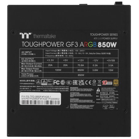 Блок питания Thermaltake Toughpower GF3 ARGb (PS-TPD-0750F4FAGE-1), 750Вт, 80 PLUS Gold, 140мм, модульный, черный