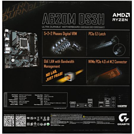 Материнская плата Gigabyte A620M DS3H, Micro-ATX, AM5, AMD A620, 4xDDR5, 4xSATA, 1xM.2, 1xPCI-E 4.0 x16, 1xPCI-E x1, 1xHDMI, 1xDP, 1xVGA, 1x 1Gb LAN, 1xUSB 3.2 Gen 1, 4xUSB 2.0, 3x3.5мм, 7.1, ATX