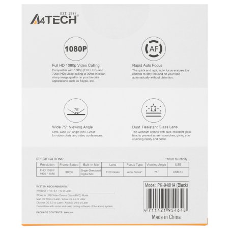 Веб-камера A4Tech PK-940HA черный 2Mpix (1920x1080) USB2.0 с микрофоном
