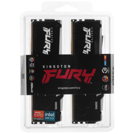 Оперативная память Kingston Fury Beast, DDR5, 64Gb (2x32Gb), 6000MHz, CL30, DIMM, с радиатором, RGb, черный