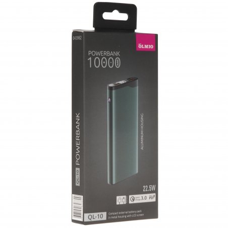 Портативный аккумулятор OLMIO QL-10, 10000mAh, 22.5W, QuickCharge3.0/PowerDelivery, LCD, серый