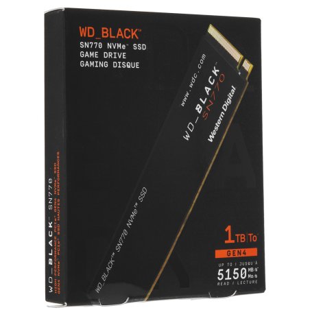 Накопитель SSD WD Black SN770 NVMe, 1.0Tb, M.2(22x80мм), NVMe, PCIe 4.0 x4, 3D TLC, R/W 5150/4900Mb/s, IOPs 740 000/800 000, TbW 600, DWPD 0.3 (12 мес.)