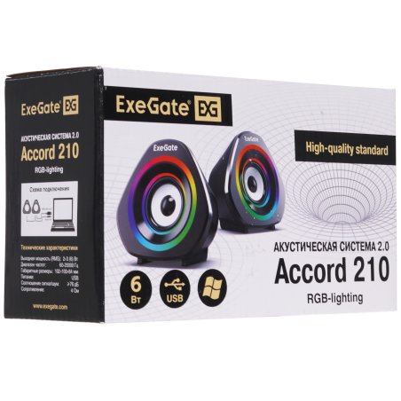 Акустическая система 2.0 ExeGate EX289680RUS Accord 210 (питание USB, 2х3Вт (6Вт RMS), 60-20000Гц, черный, RGb подсветка)