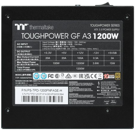 Блок питания Thermaltake Toughpower GF A3/1200W/Fully Modular/Non Light/Full Range/Analog/80 Plus Gold/EU/JP Main CAP PS-TPD-1200FNFAGE-H All Flat Cables/Gen 5
