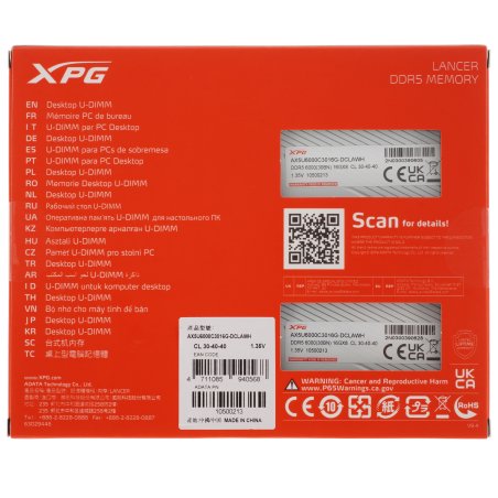 Оперативная память XPG Lancer, DDR5, 32Gb (2x16Gb), 6000MHz, CL30, DIMM, с радиаторами, белый