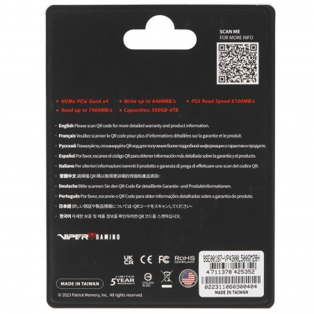 Накопитель SSD Patriot Viper VP4300 Lite, 500Gb, PCIe 4.0 x4, M.2 2280, NVMe, R/W 7000/4000, с радиатором