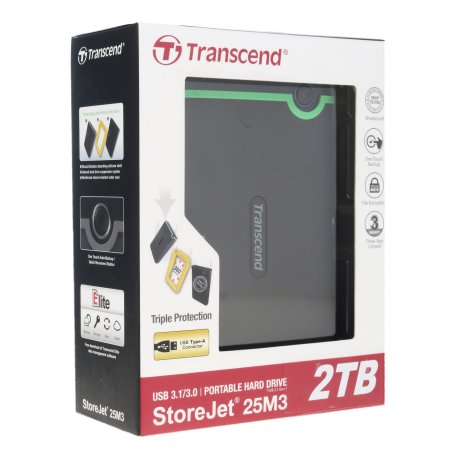 Внешний HDD 2.5" Transcend StoreJet 25M3, 2TB, USB 3.2 Gen 1 Type-A, 5400 rpm, серый