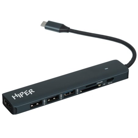 Док-станция HIPER Docking station USB-C HUB 6in1 (1*USB-C 100W PD, 1*HDMI 4K@60Hz, 2*USB-A 3.0 (5Gbps data), 1*USB-C 3.0 (5Gbps data), 1*RJ45 Gb)