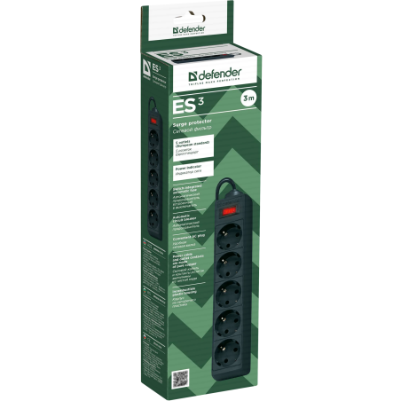 Сетевой фильтр Defender ES, 3.0м, 5 розеток, черный