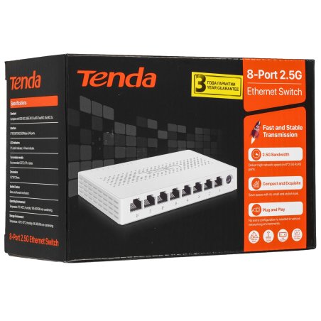 Коммутатор неуправляемый Tenda SM108, 8 портов, 8x2,5Gbит/с, настольный, пластиковый корпус
