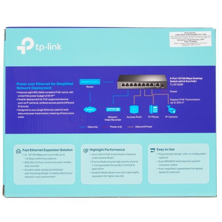 Коммутатор 9-port 10/100Mbps unmanaged switch with 8 PoE+ ports, compliant with 802.3af/at PoE, 65W PoE budget, support 250m Extend Mode, Priority mode and Isolation mode, desktop mount, plug and play.