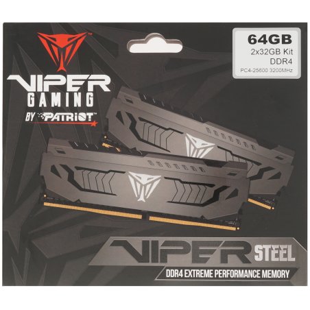 Оперативная память Patriot Viper Steel, DDR4, 64GB (2x32GB), 3200MHz, CL16, DIMM, радиатор, черный
