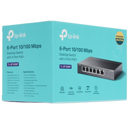 Коммутатор TP-Link 4-port 10/100Mbps Unmanaged PoE+ Switch with 2 10/100Mbps uplink ports, meta case, desktop mount, 4 802.3af/at compliant PoE+ port, 2 10/100Mbps uplink ports, DIP switches for Extend mode, Isolation mode and Priority mode, up to 250m Po