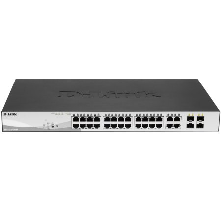 Коммутатор D-Link DGS-1210-28MP/FL1A, L2 Managed Switch with 24 10/100/1000Base-T ports and 4 100/1000Base-T/SFP combo-ports (24 PoE ports 802.3af/802.3at (30 W), PoE Budget 370 W).8K Mac address, 802.3x Flow C
