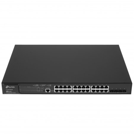 Коммутатор TP-Link 24-port Gigabit Managed PoE switch with 4 10G SFP+ ports, support 802.3af/at PoE, 1 console port, 19-inch rack mount, support L2/L2+ features.