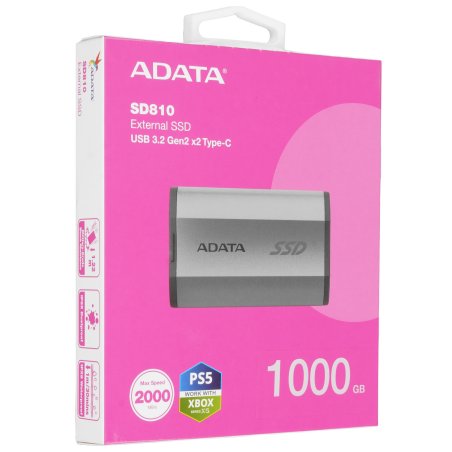 Внешний SSD ADATA SD810, 1TB, USB 3.2 Gen 2x2 Type-C, R/W 2000/2000, серебристый