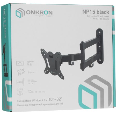 Кронштейн ONKRON NP15 для телевизора 10"-32" наклонно-поворотный, черный