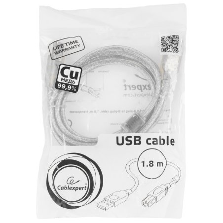 Кабель USB2.0 Pro Cablexpert CCF-USB2-AMBM-TR-6, AM/BM, 1,8м, экран, феррит.кольца, прозрачный, пакет