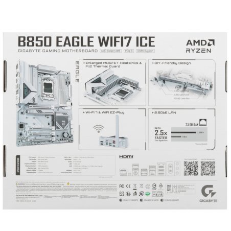 Материнская плата Gigabyte B850 EAGLE WIFI7 ICE, AM5, AMD B850, 4xDDR5, 4xSATA, 3xM.2, 1xPCIe 5.0 x16, 1xPCIe 4.0 x4, 2xPCIe 3.0 x1, 1xDP (v1.4), 1xHDMI, 1x2.5Gb LAN, Wi-Fi 7, Bluetooth 5.4, 1xUSB-C 5Gbps, 2xUSB-A 10Gbps, 2xUSB-A 5Gbps, 4xUSB-A 2.0, 3x3.5