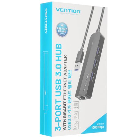 Сетевой адаптер Vention USB 3.0 M/Gigabit Ethernet RJ45 F+OTG хаб 3xUSB черный - 0.15м.