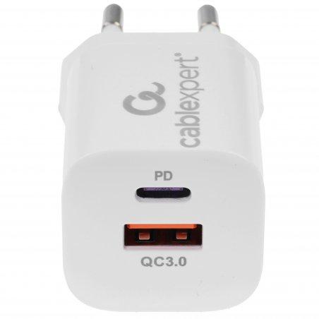Сетевое зарядное устройство Cablexpert 20Вт, 3А, QC3.0/PD, 1xUSB, 1xType-C, белый, пакет