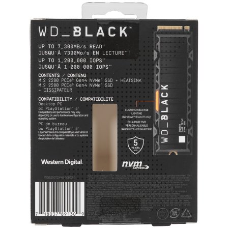 Накопитель SSD WD 2Tb Black SN850X, M.2(22x80мм), NVMe, PCIe 4.0 x4, 3D TLC, R/W 7300/6600Mb/s, IOPs 1 200 000/1 100 000, TbW 1200, DWPD 0.3, with Heat Spreader (12 мес.)