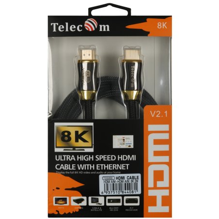 Кабель HDMI 19M/M,ver. 2.1, 8K@60 Hz 2m метал разъемы, нейлоновая оплетка Telecom <TCG300-2M>